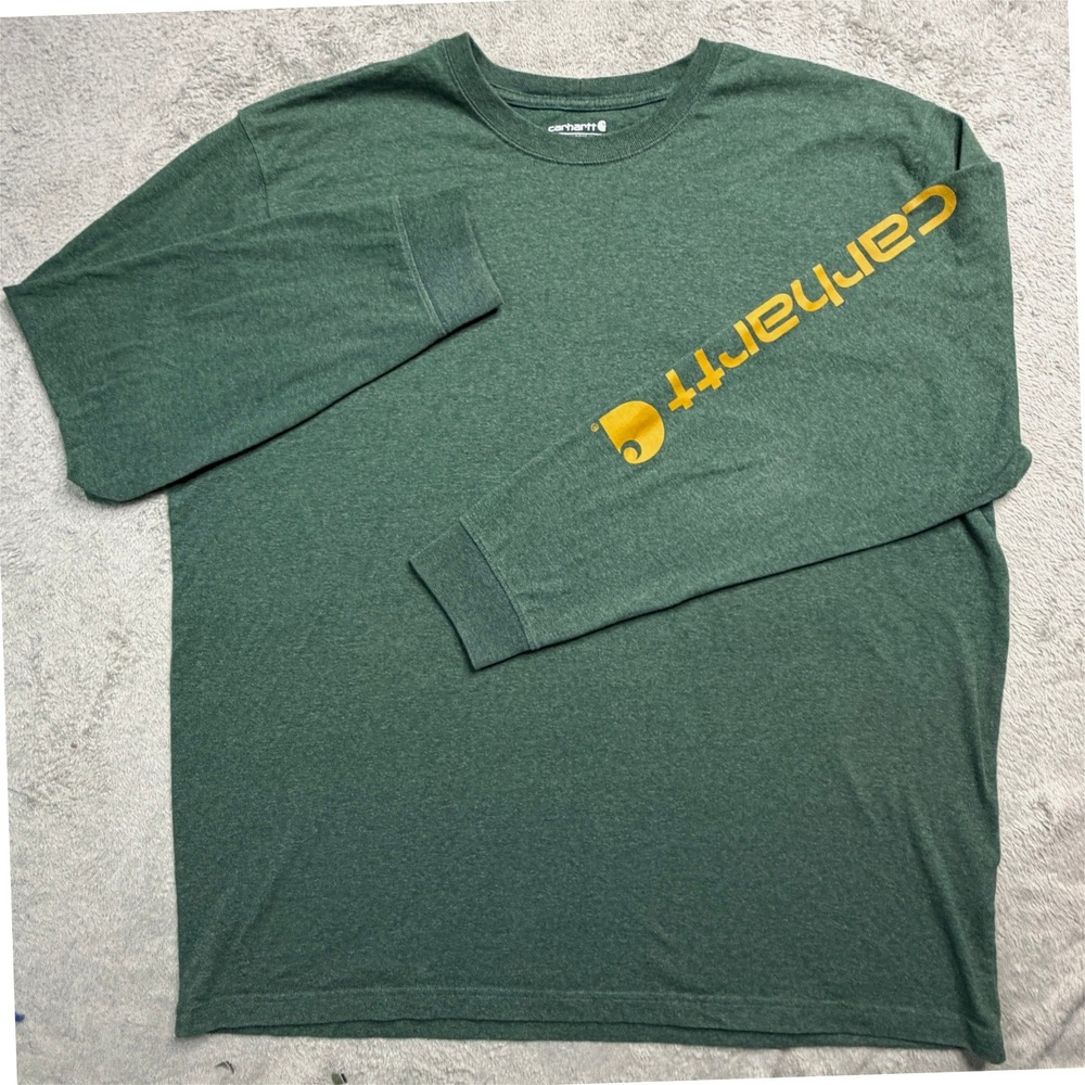 Carhartt Mens 2XL Loose Fit Long Sleeve Graphic T-Shirt Green Yellow Logo Sleeve